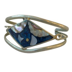 Vintage Silver Moon Star Sky Abalone Cuff Bracelet